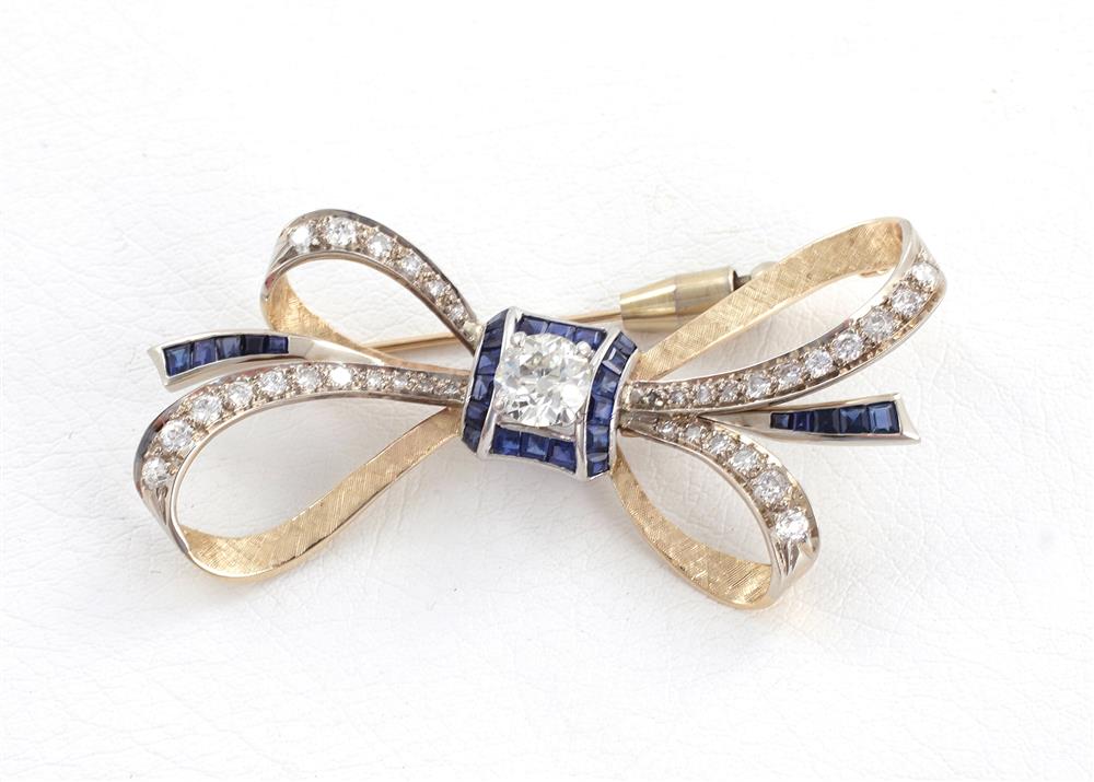 Appraisal: Vintage sapphire and diamond bow brooch approx ct old European-cut