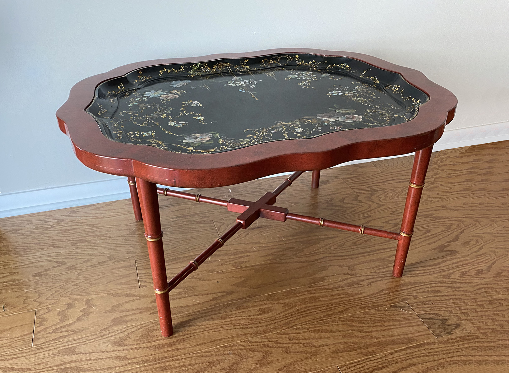 Appraisal: PAPER MACHE MOTHER OF PEARL INLAID TRAY CUSTOM STAND Red