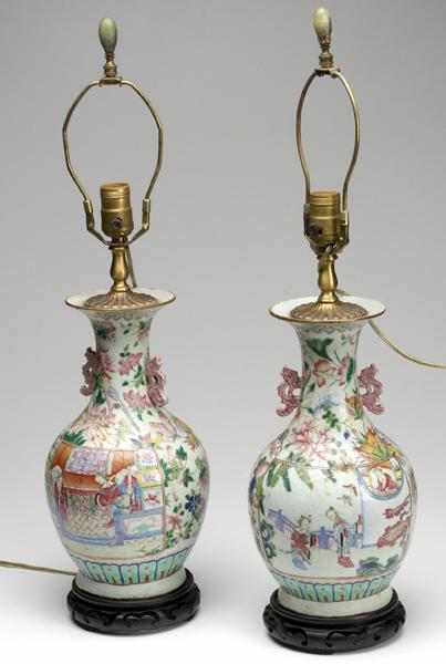 Appraisal: CHINESE PORCELAIN Pair of Rose Mandarin vases mounted as lamps