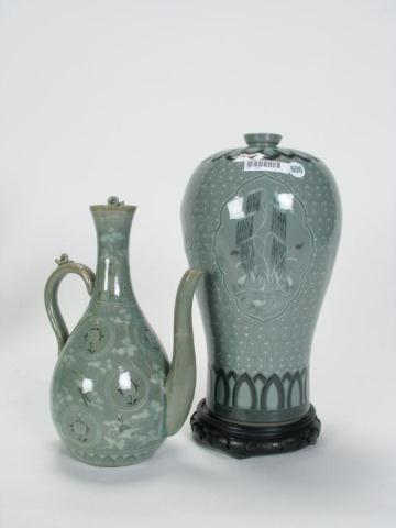 Appraisal: Two Chinese Decorator Celadon Items including lidded tea pot chip