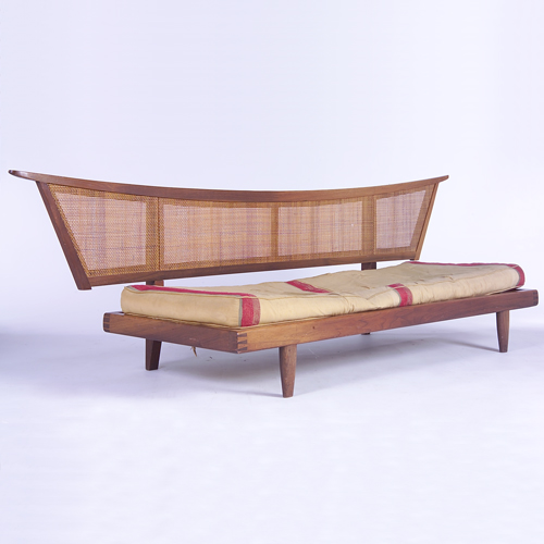 Appraisal: GEORGE NAKASHIMA WIDDICOMB Sofa with caned pagoda-shaped back and fabric-upholstered