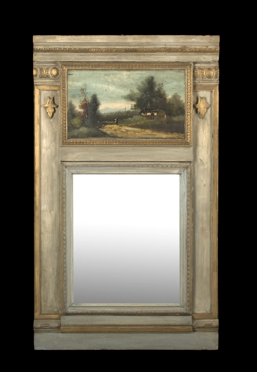 Appraisal: French Carved Blanc- and Gris-de-Trianon-Painted and Parcel-Gilt Beechwood Trumeau Mirror