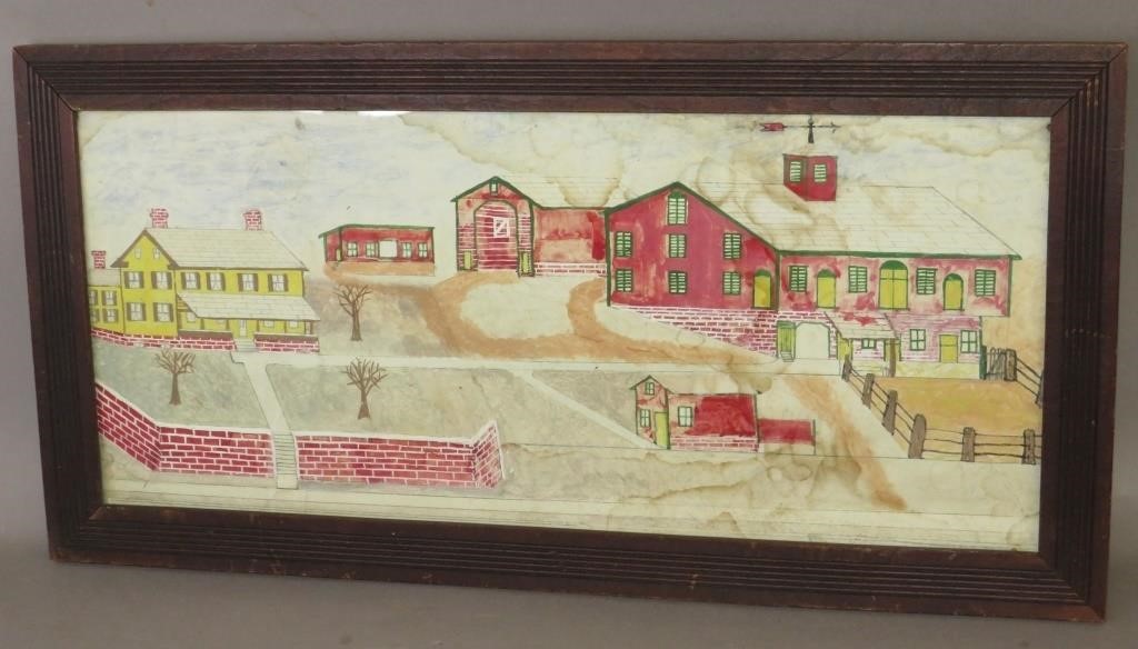 Appraisal: FOLK ART WATERCOLOR PAINTING OF FARMSTEAD BY UNKNOca - unsigned