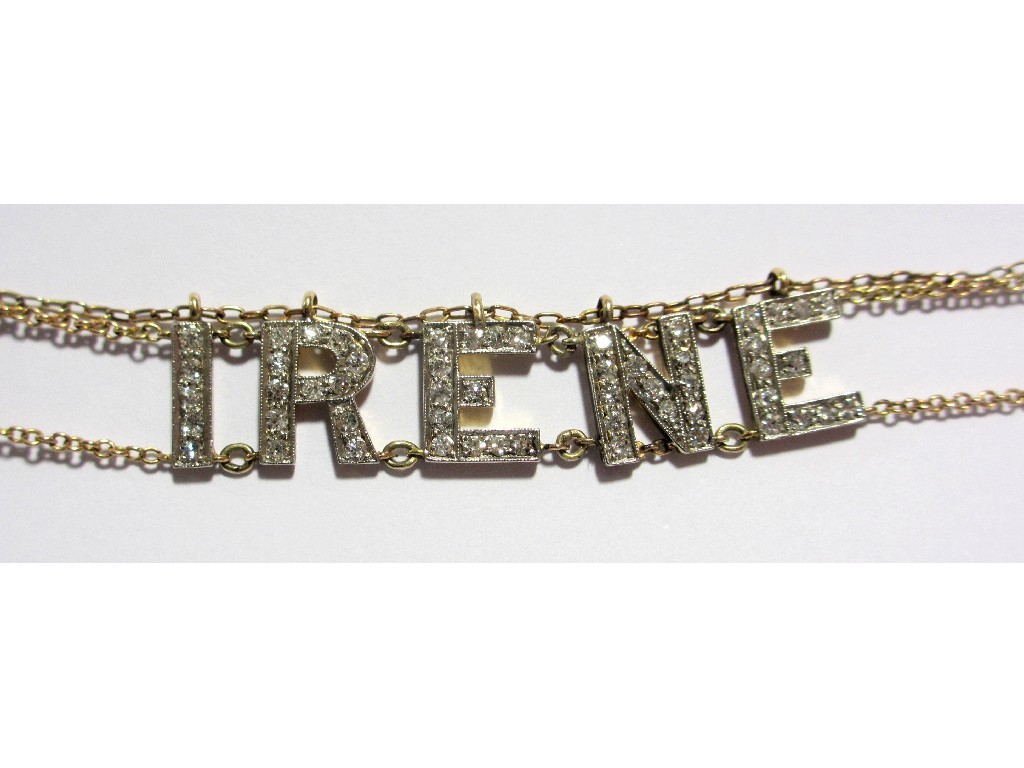 Appraisal: An Edwardian diamond memento bracelet designed with the name Irene