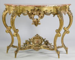 Appraisal: Italian Giltwood Marble Console Table Italian Rococo style carved giltwood