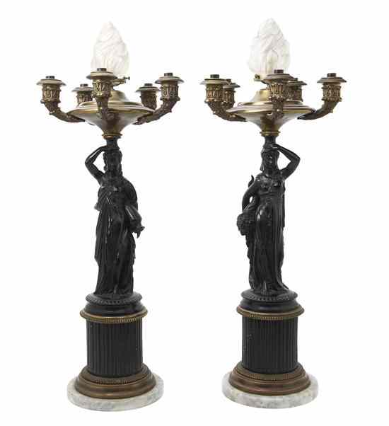 Appraisal: A Pair of Gilt and Patinated Bronze Figural Torchieres each