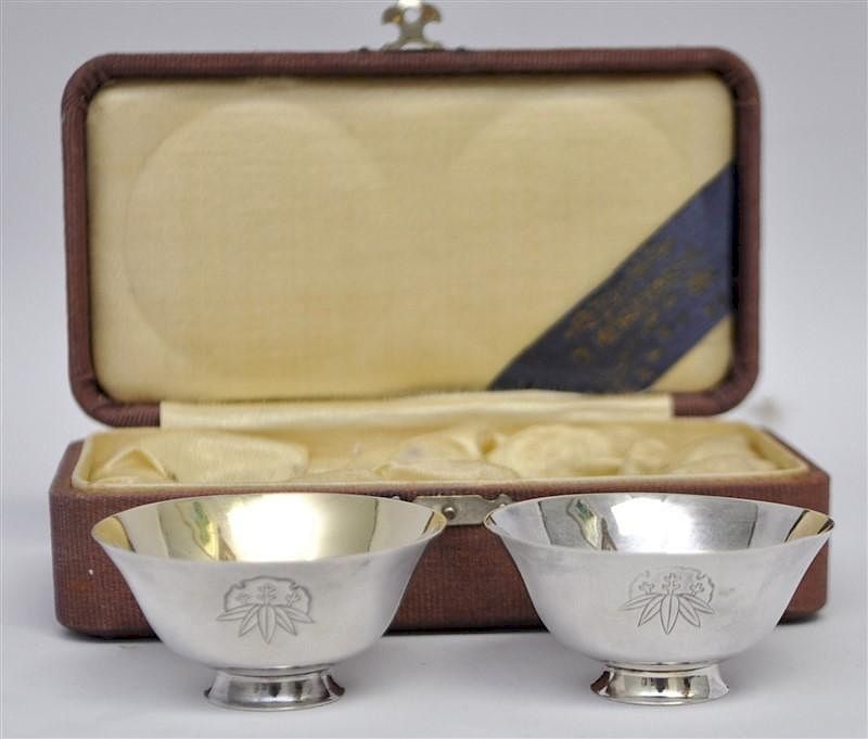 Appraisal: JAPANESE PURE SILVER JUNGIN SAKE WEDDING CUPS A Boxed Set