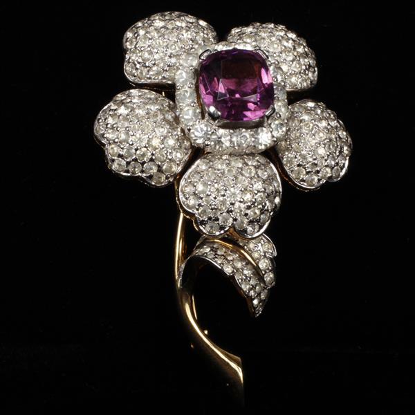 Appraisal: Jomaz layered pave flower pin brooch with large amethyst crystal