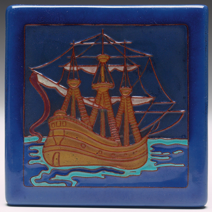 Appraisal: California Faience tile carved colorful ship design marked sq