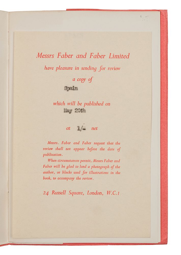 Appraisal: AUDEN Wystan Hugh - Spain London Faber and Faber AUDEN