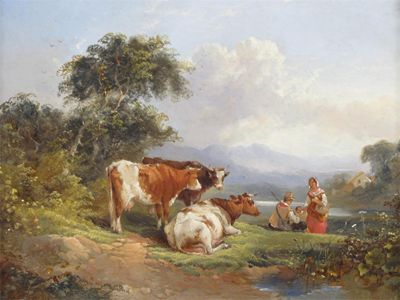 Appraisal: Joseph Horlor - Pastoral scene with a family and cattle