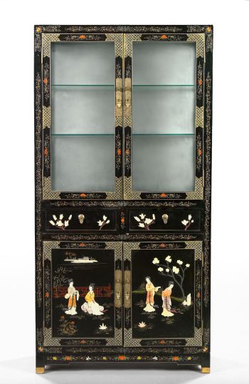 Appraisal: Chinese Black-Lacquered Display Cabinet the upper section fitted with two