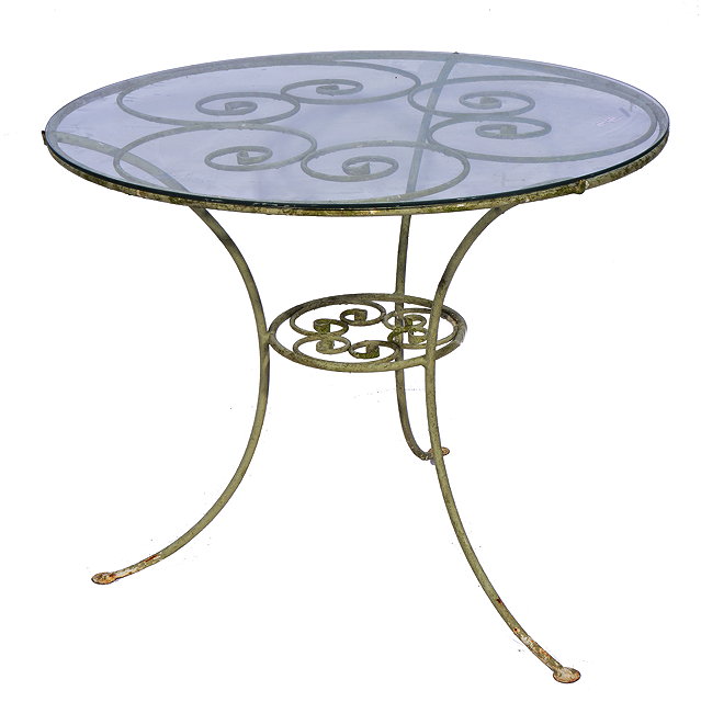 Appraisal: A WROUGHT IRON CIRCULAR GARDEN TABLE with glass top and