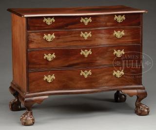 Appraisal: IMPORTANT MASSACHUSETTS CHIPPENDALE SERPENTINE BALL AND CLAW FOOT MAHOGANY CHEST