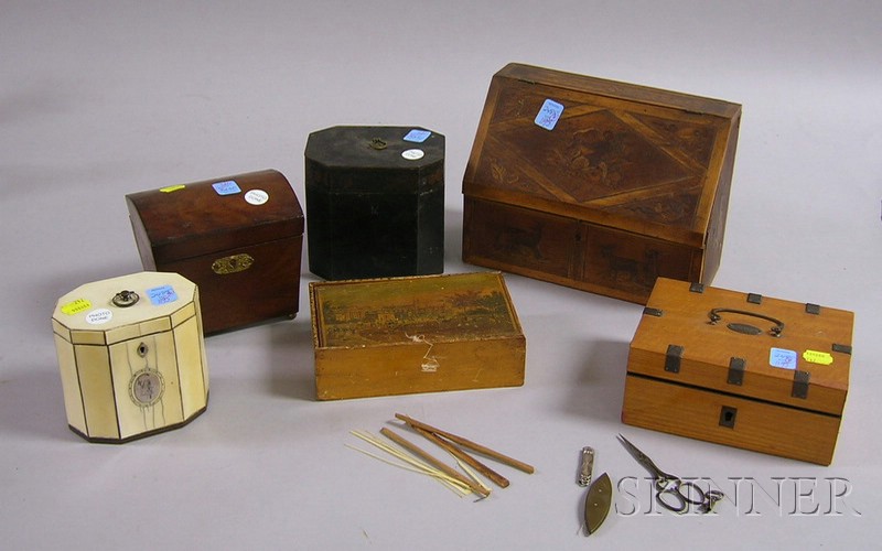 Appraisal: Three th Century Tea Caddies and Three Small Decorated Boxes