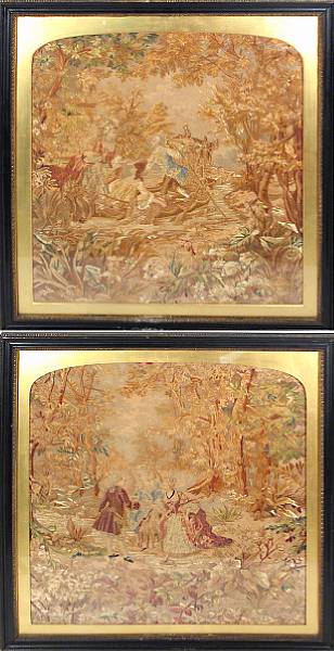 Appraisal: A pair of Victorian embroidered panels depicting elegant figures in