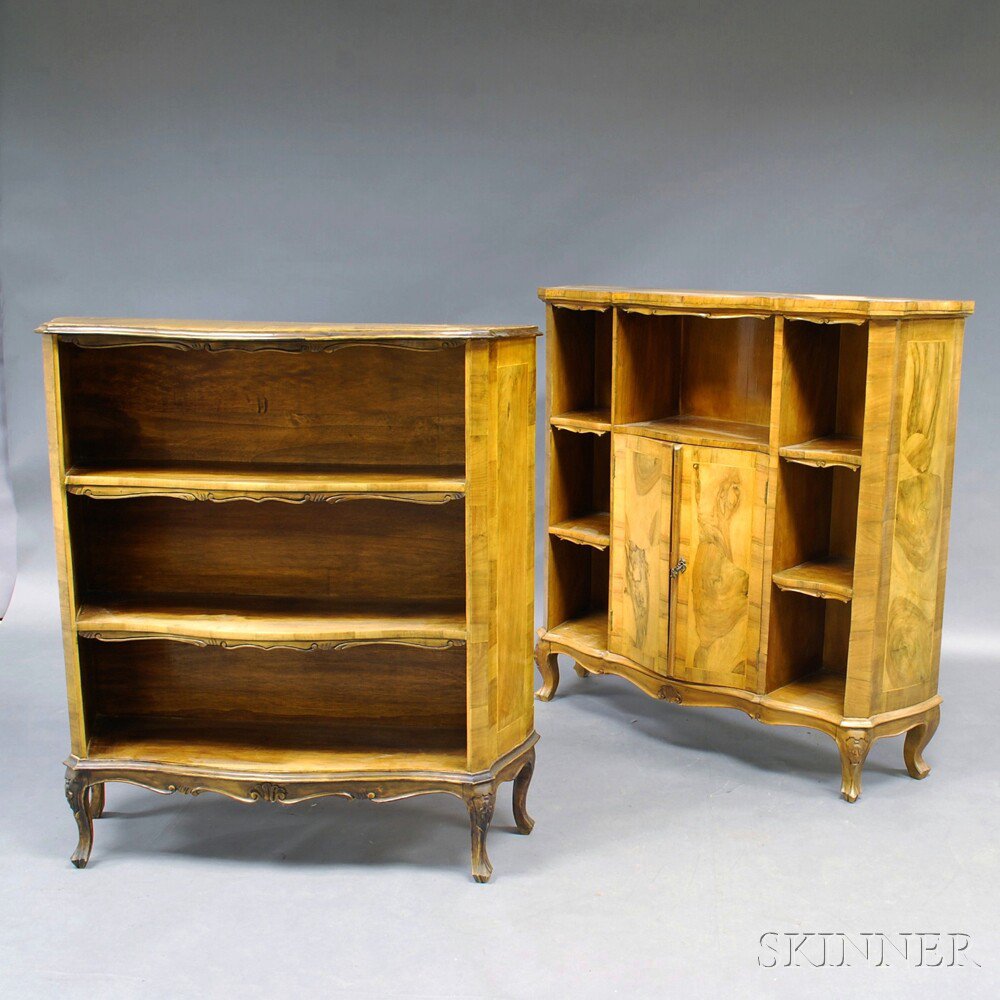 Appraisal: Two Continental Veneered Open Bookcases both with shaped tops over