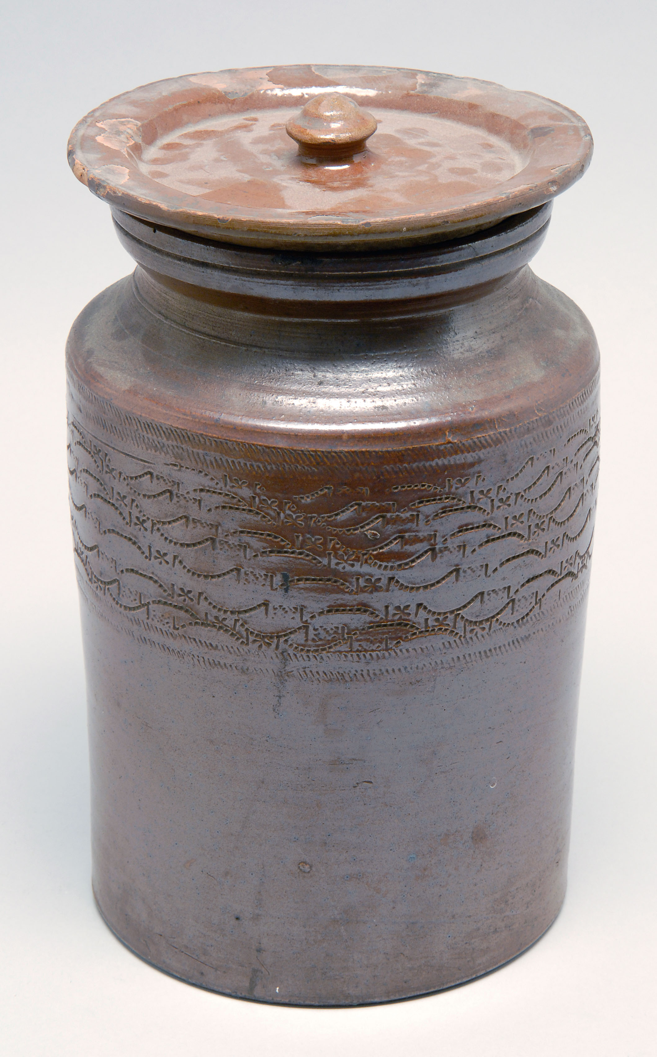 Appraisal: STONEWARE COVERED CROCK American th CenturyWaisted neck and cylindrical body