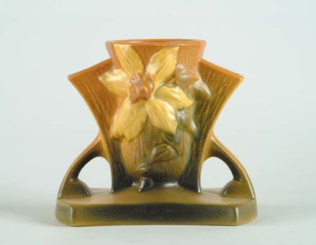 Appraisal: ROSEVILLE CLEMATIS HANDLED VASE Shape No Roseville mark in relief