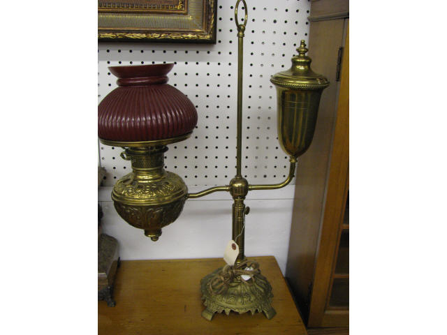 Appraisal: Antique Student Style Lamp red cased glass shade brass font