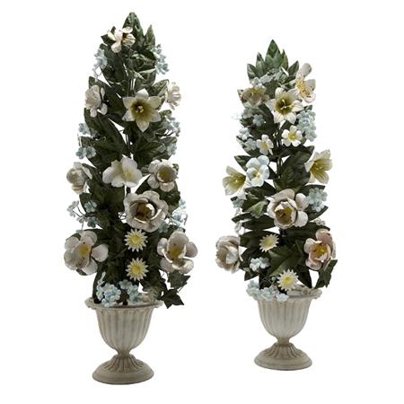 Appraisal: Pair of Painted Metal Flowers in White Composition Urns Estimate