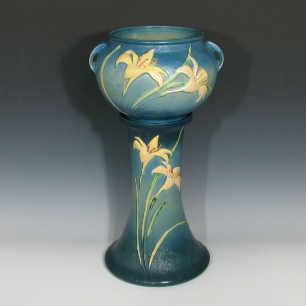 Appraisal: Roseville Zephyr Lily jardiniere and pedestal in blue Jardiniere marked