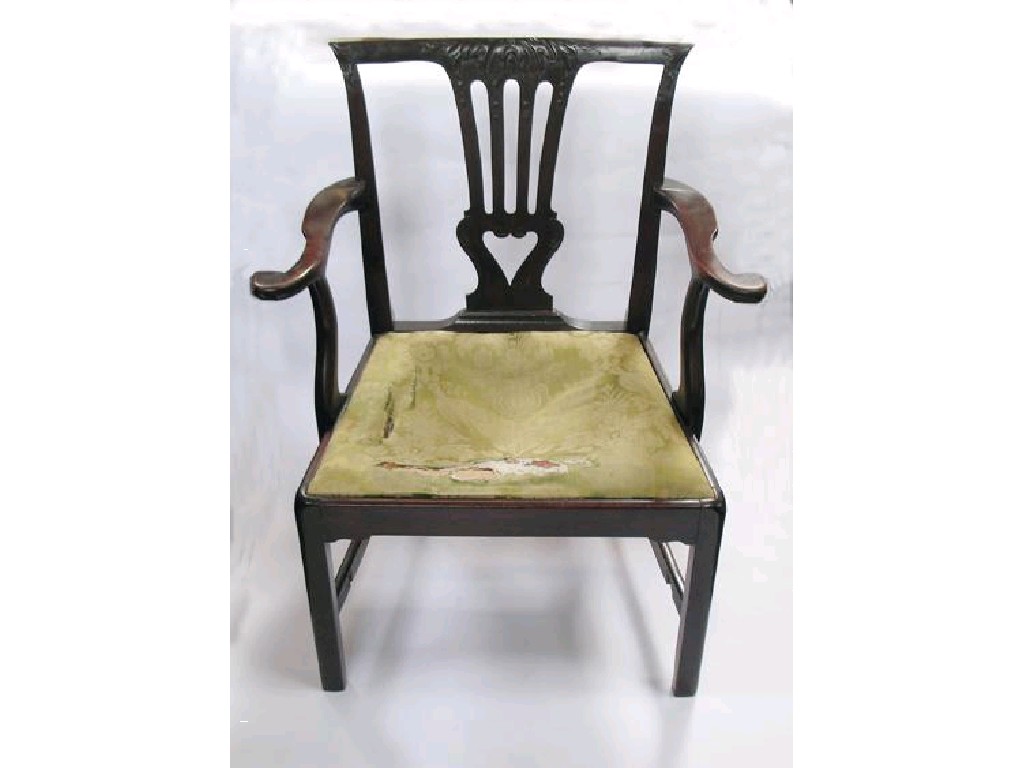 Appraisal: A GEORGE III MAHOGANY ARMCHAIR the rectangular back with a