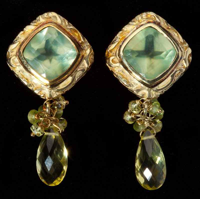 Appraisal: Prehnite and Lemon Quartz Drop Ear Clipseach featuring a cushion