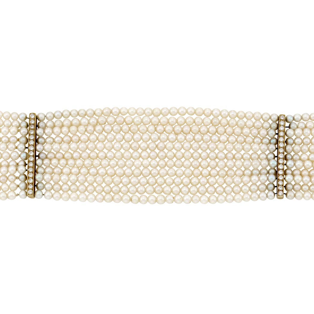 Appraisal: Eleven Strand Cultured Pearl Gold and Diamond Choker Necklace Pearls