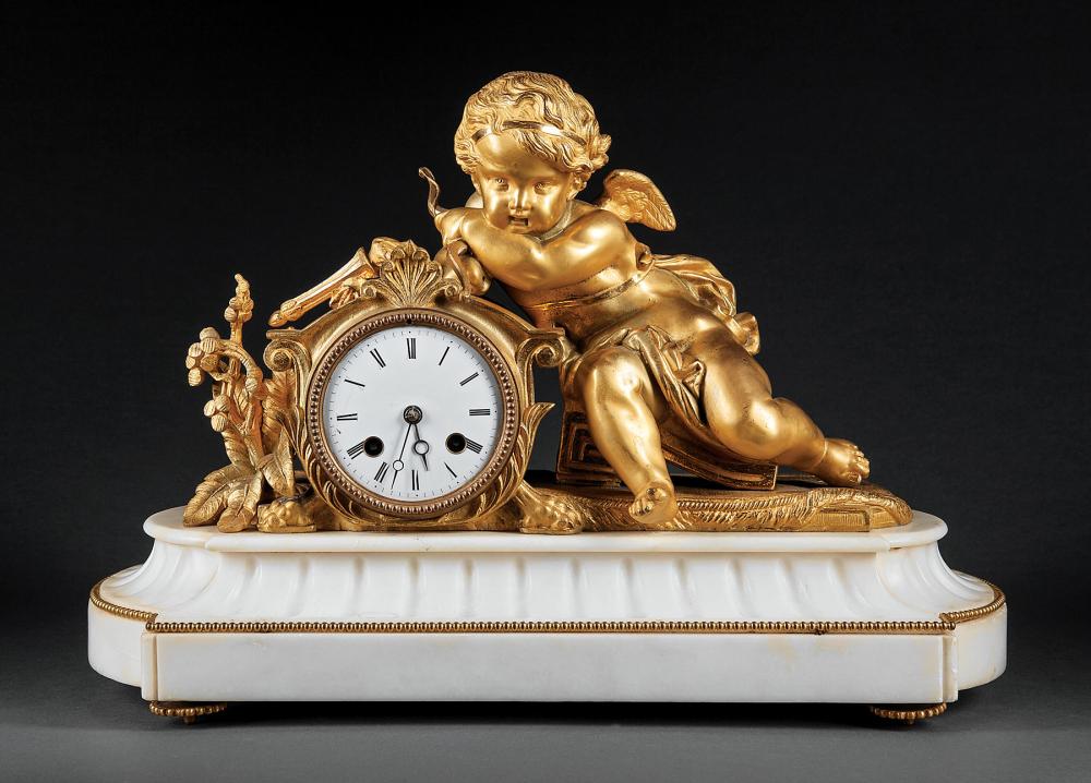 Appraisal: Napoleon III Gilt Bronze and Marble Figural Clock c surmounted