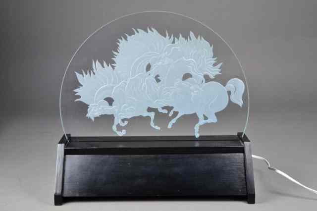 Appraisal: LIGHTED GLASS SCULPTURE OF HORSESDemi-lune circular glass etched with a