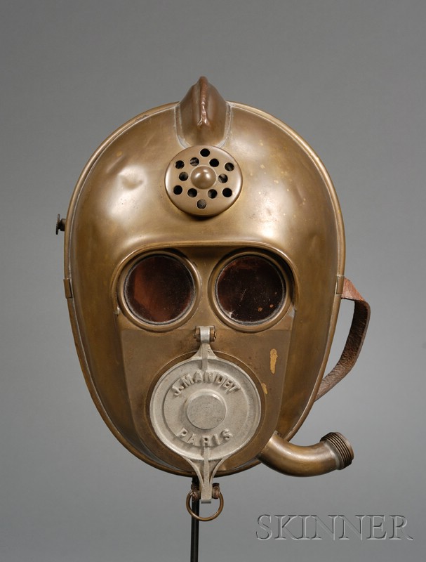 Appraisal: Brass Helmet and Gas Mask J Mandet Paris WWI a