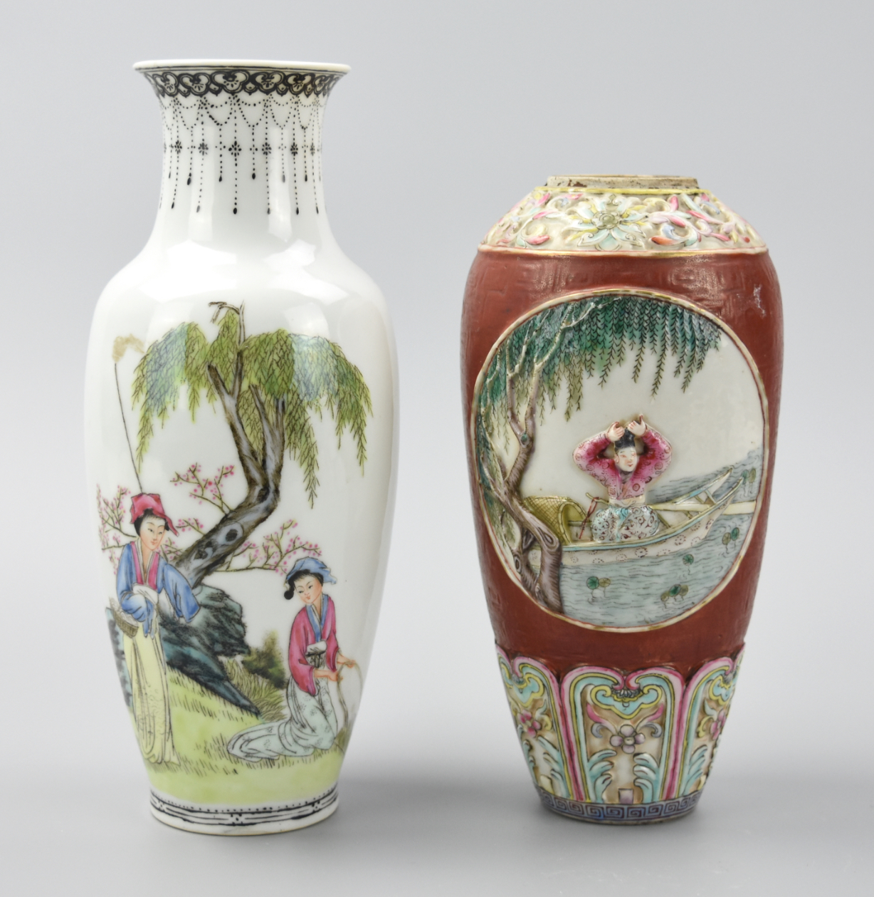 Appraisal: FAMILLE ROSE VASES RIVERSIDE LADY - TH C two famille