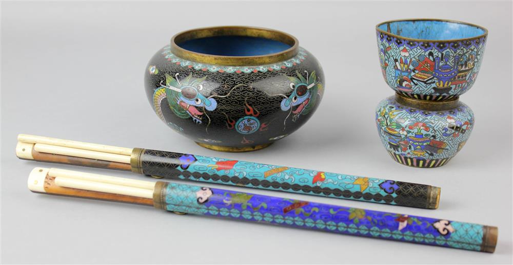 Appraisal: GROUP OF CHINESE CLOISONNE ENAMEL ACCESSORIES the group including eating