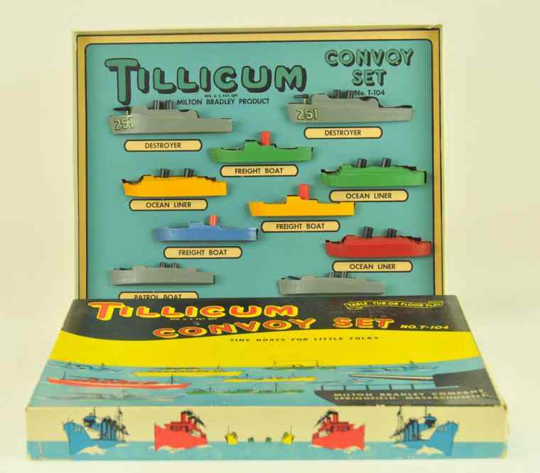 Appraisal: BOXED TILLICUM CONVOY SET Milton Bradley WWII wooden toy boat