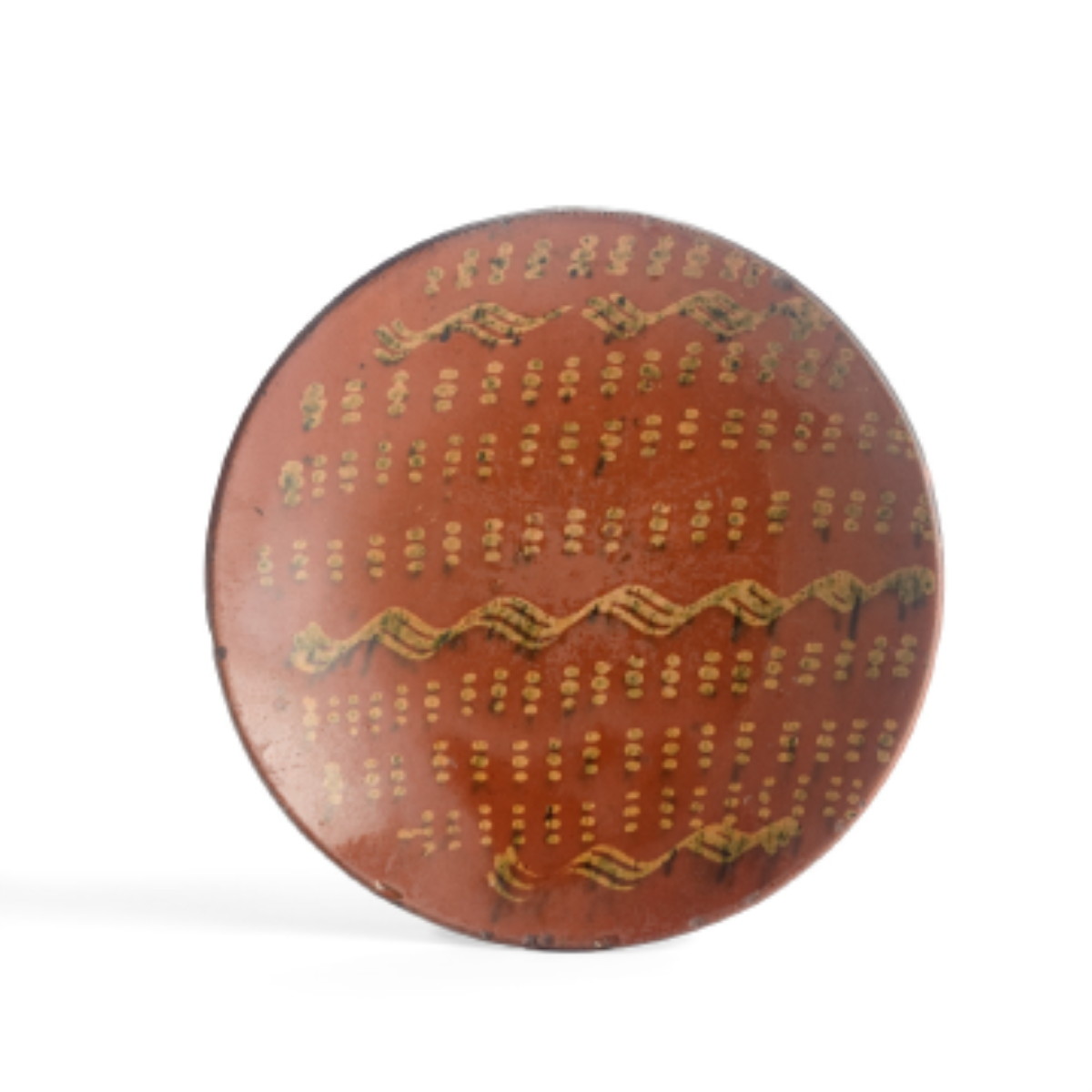 Appraisal: NEW ENGLAND SLIP-DECORATED REDWARE DISH NINETEENTH CENTURY Decorated with three