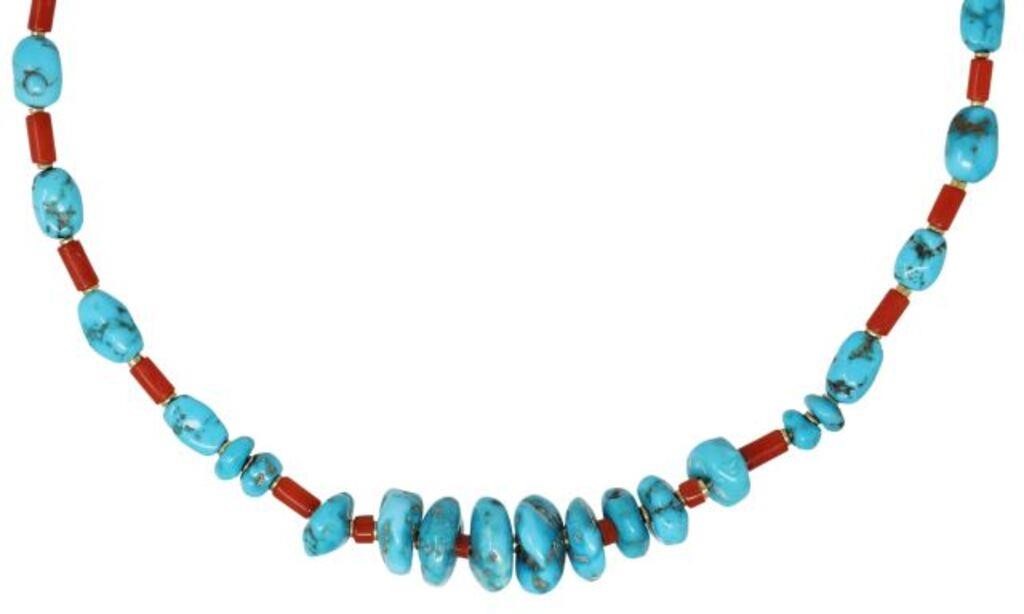 Appraisal: Southwest style beaded necklace turquoise and red coral beads kt