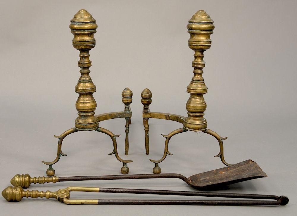 Appraisal: Four piece lot to include pair of Federal brass andirons