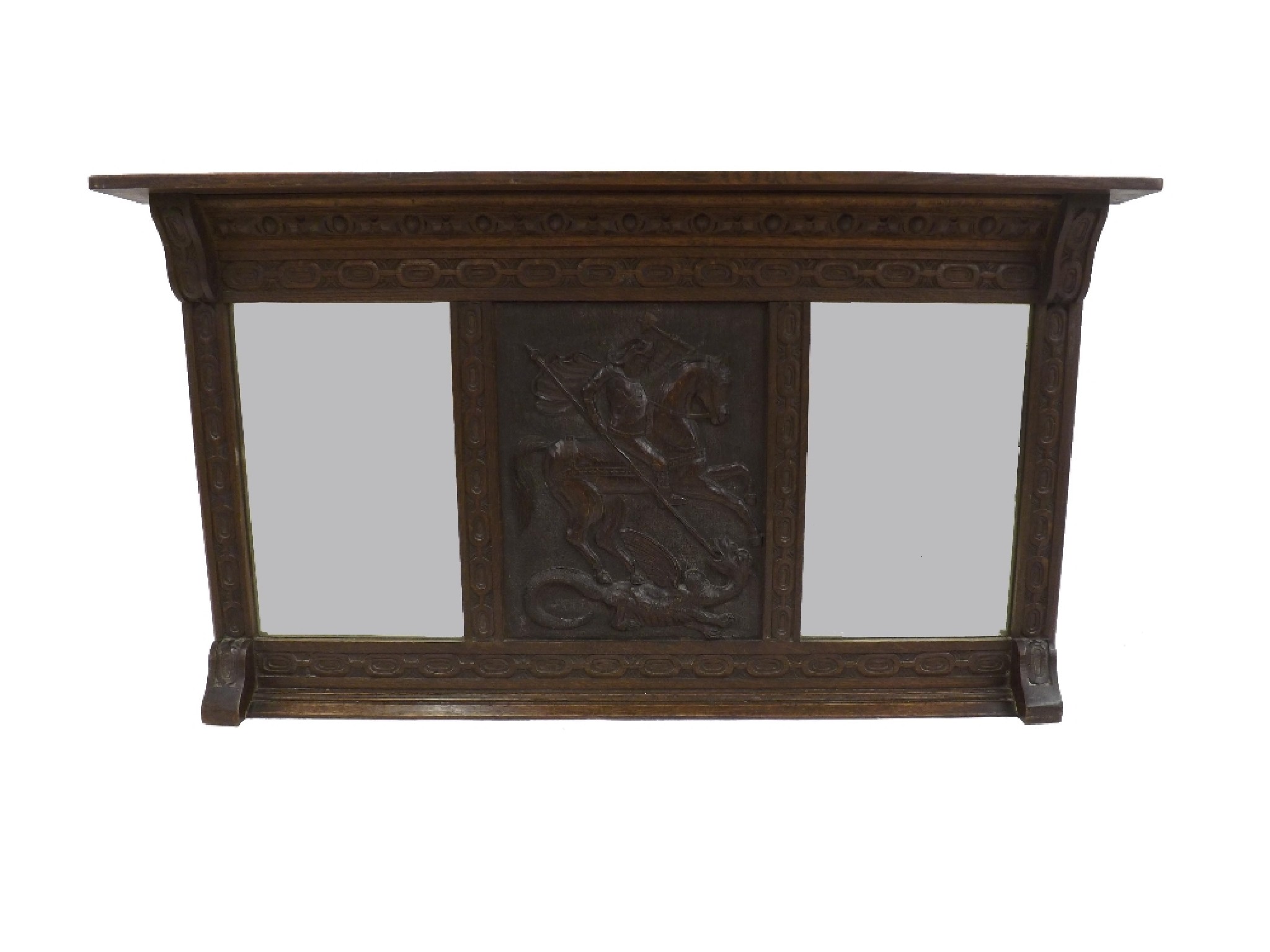 Appraisal: Antique oak triple panelled overmantel mirror the central panel carved