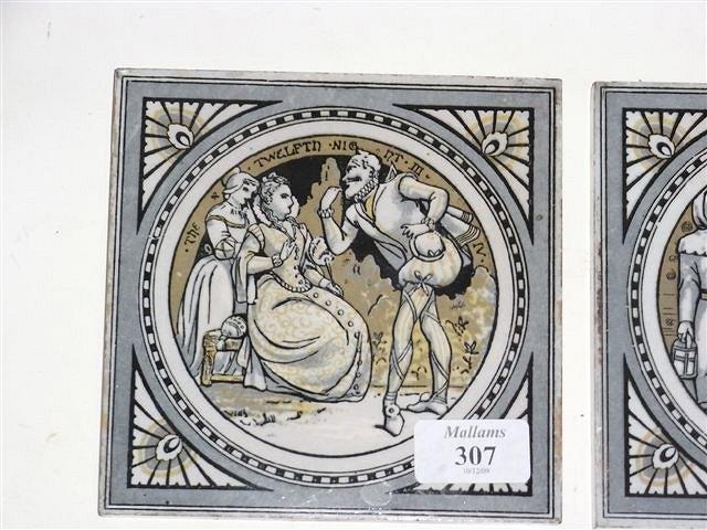 Appraisal: FOUR MINTON TILES grey gold featuring Shakespearean scenes including 'Twelfth