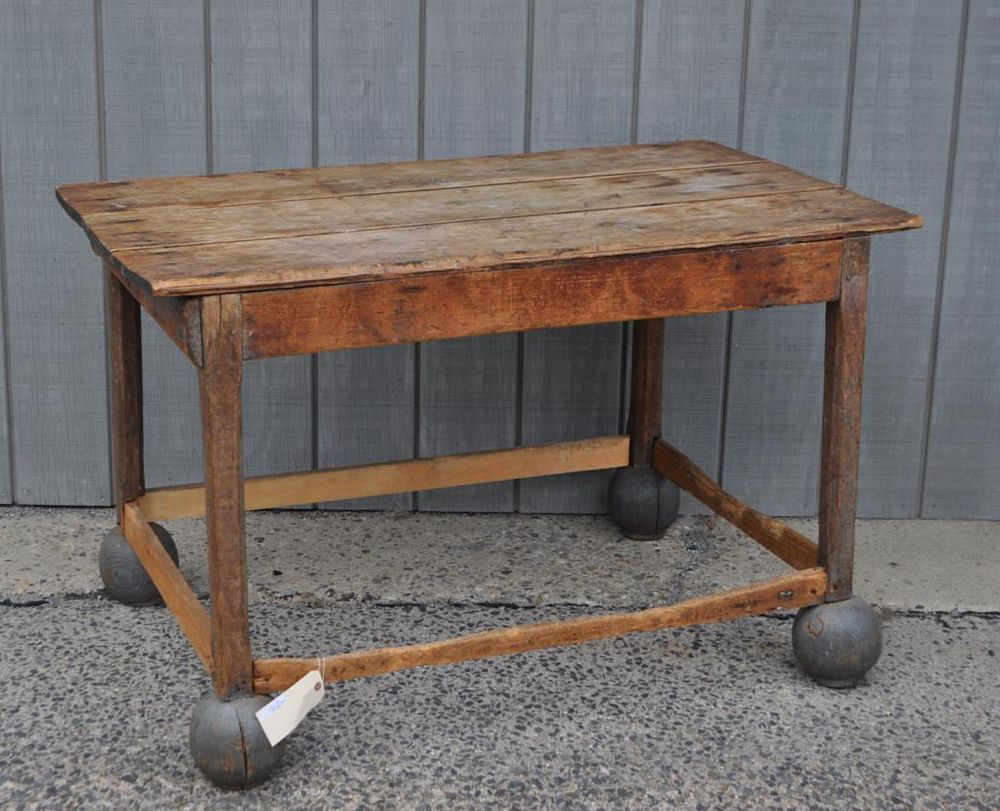 Appraisal: Continental Primitive Country Pine Work Table with stretcher base and