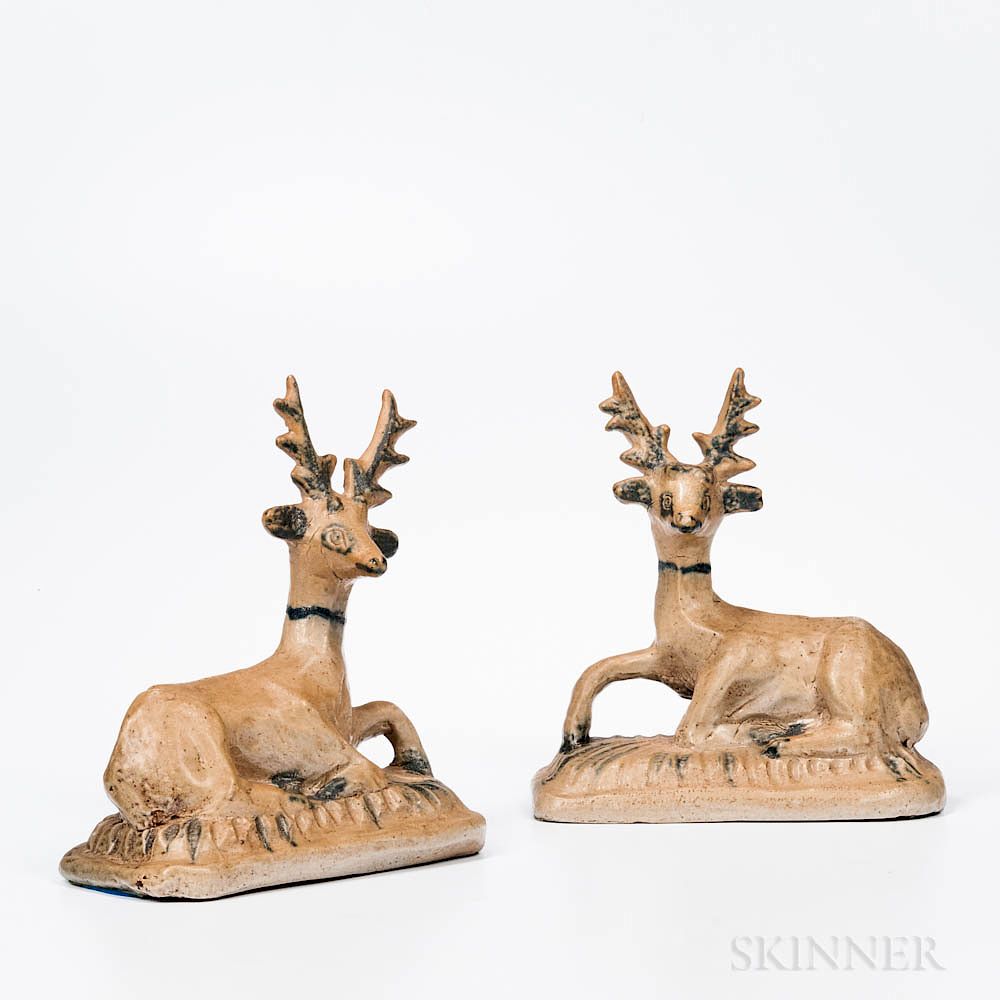 Appraisal: Pair of Glazed and Cobalt Decorated Stoneware Deer Pair of