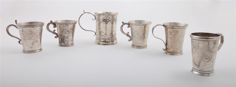 Appraisal: GROUP OF SIX LATIN AMERICAN SILVER MUGS Unmarked with engraved