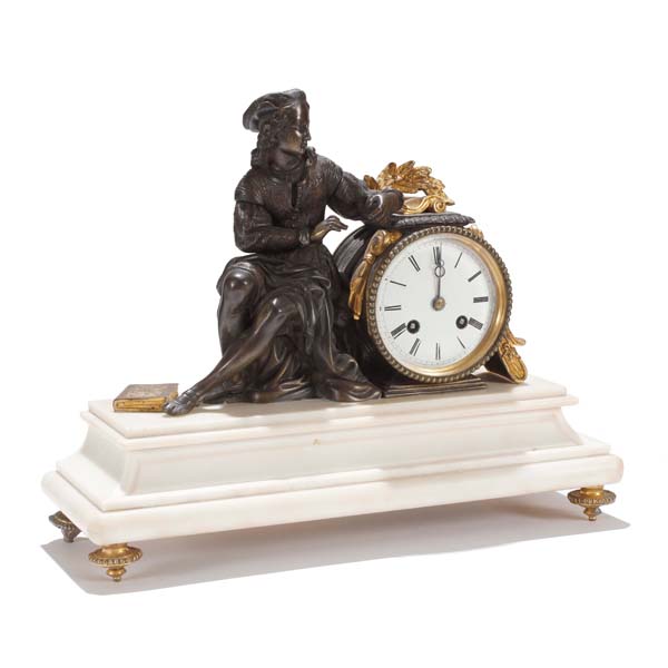 Appraisal: French bronze and ormolu mounted figural mantel clock on white