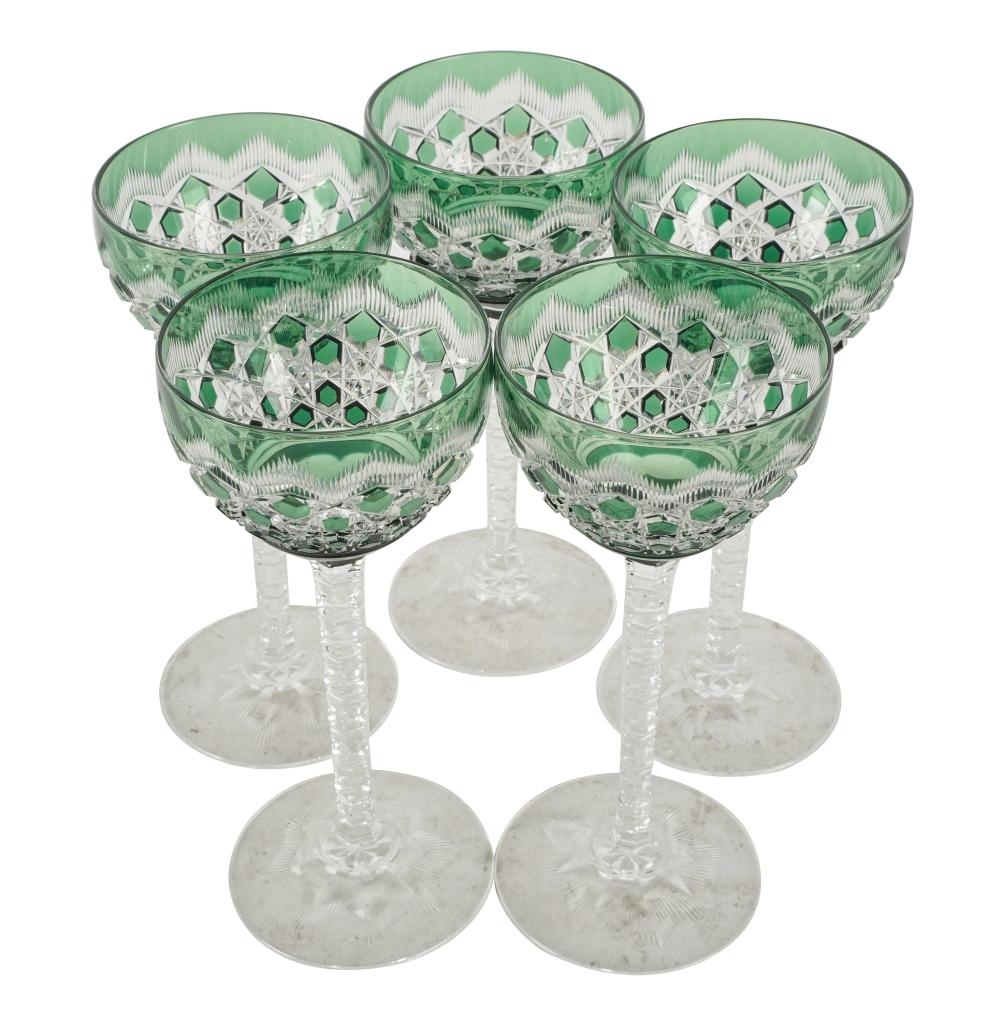 Appraisal: FIVE BOHEMIAN GREEN-CUT-TO-CLEAR GLASS STEMSunmarked each with -point star cut