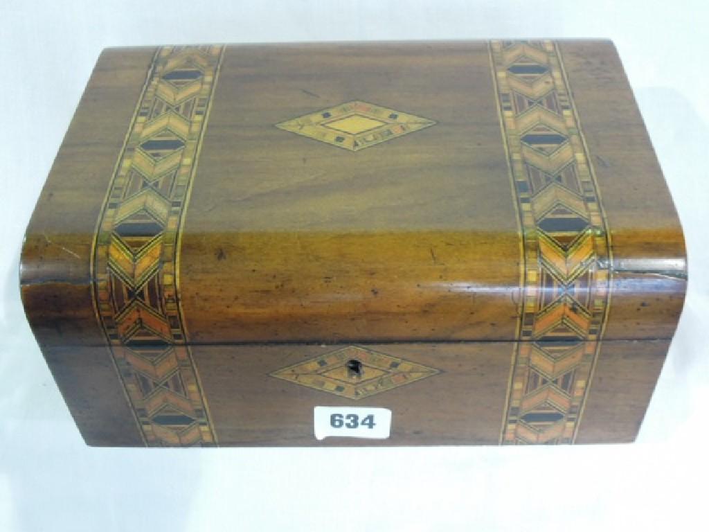 Appraisal: A walnut sewing box with parquetry banding a cigarette box