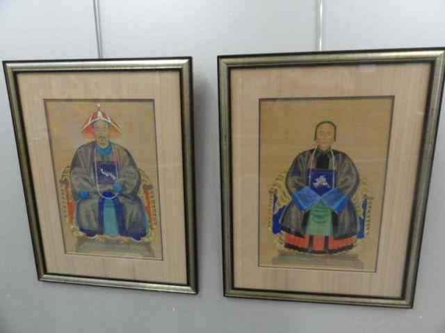 Appraisal: Pair of Asian Ancestral Watercolor Portraits Nice quality From a