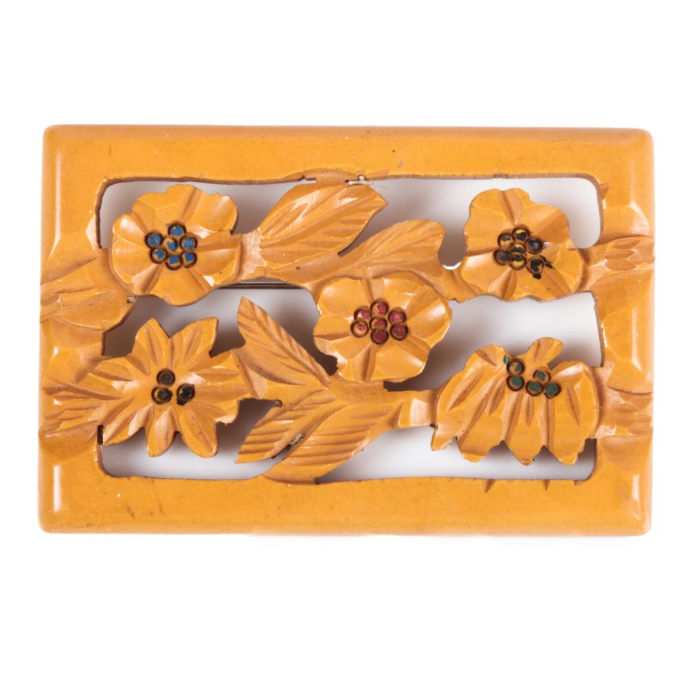 Appraisal: BUTTERSCOTCH BAKELITE RECTANGULAR PIN CARVED OPENWORK H X WButterscotch Bakelite