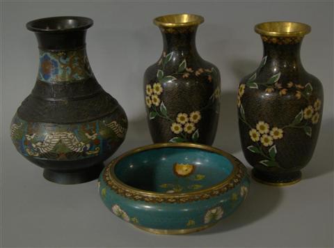 Appraisal: GROUP OF FOUR CHINESE CLOISONNE ENAMEL OBJECTS Including a vase