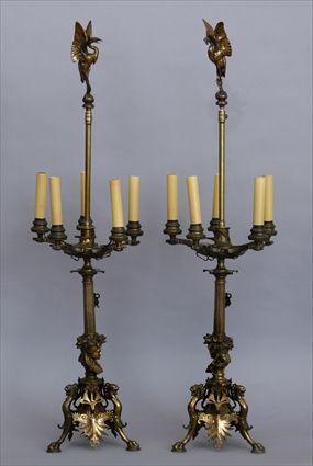 Appraisal: PAIR OF RENAISSANCE REVIVAL GILT-METAL SIX-LIGHT CANDELABRA MOUNTED AS LAMPS